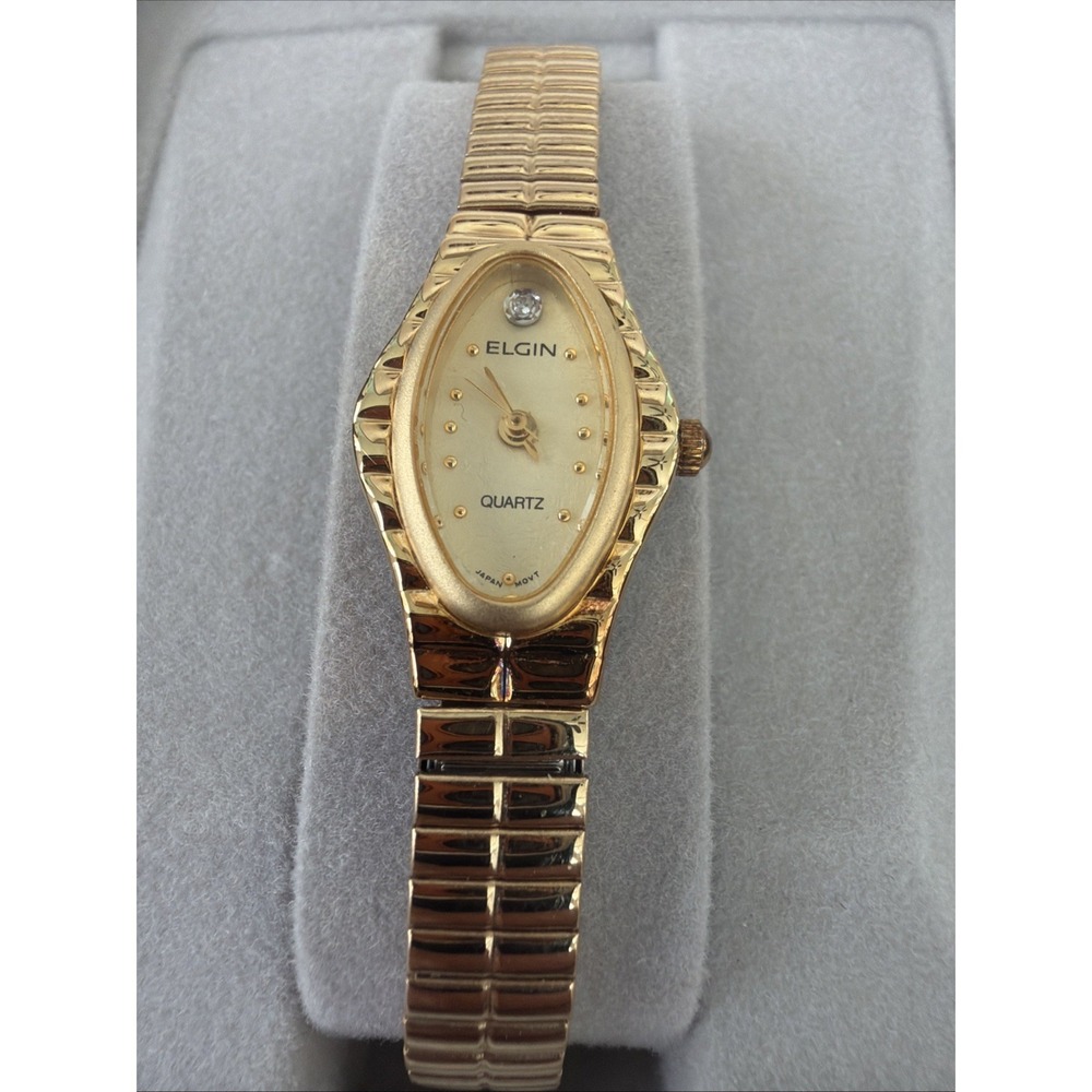 Vintage Elgin Diamond Ladies Watch Oval Textured Dial Gold Tone Stretch Band NEW - Picture 2 of 15